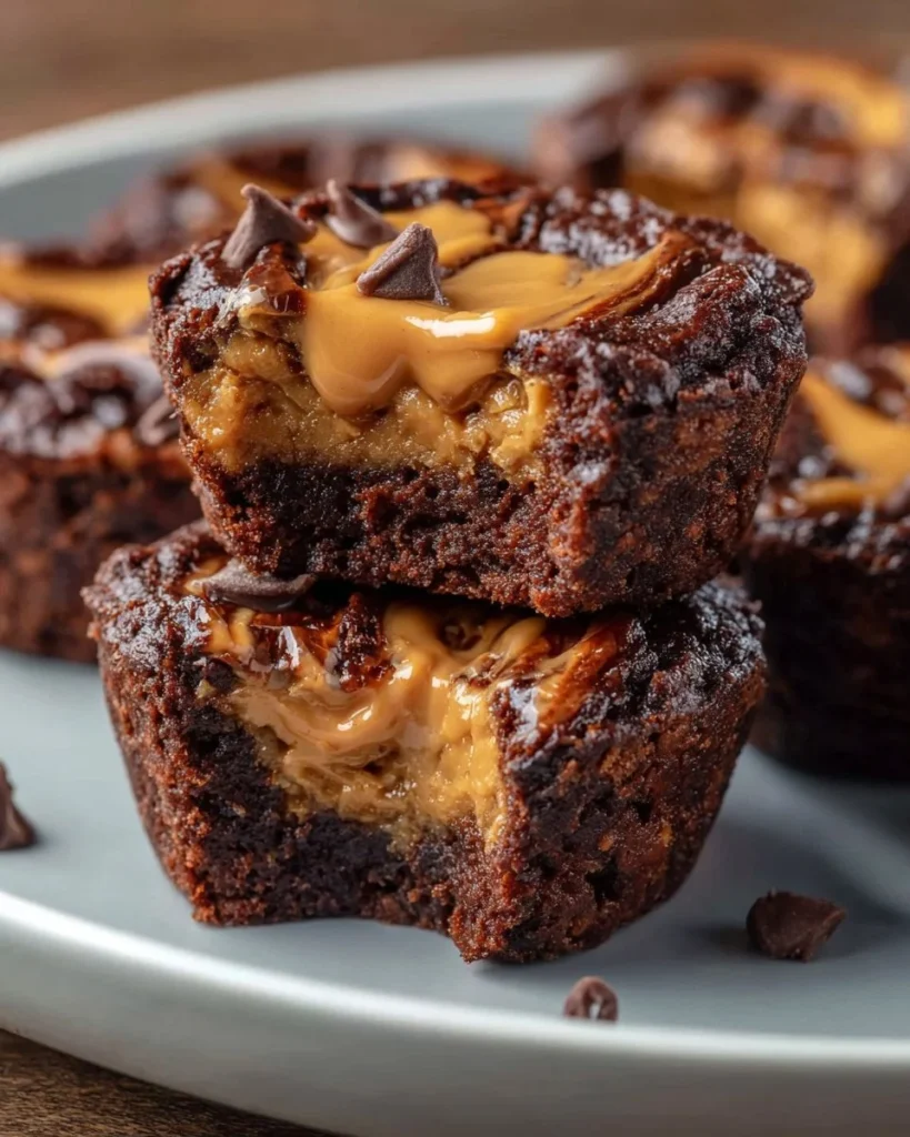 Fudgy peanut butter swirl protein brownie bites on a plate