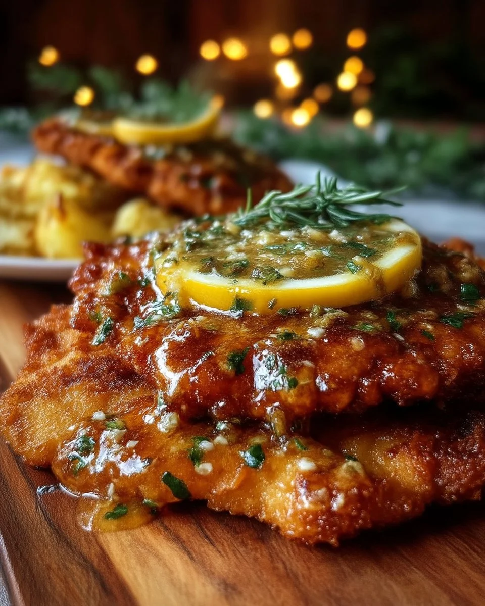 Golden German Schnitzel garnished with Lemon Caper Butter on a plate