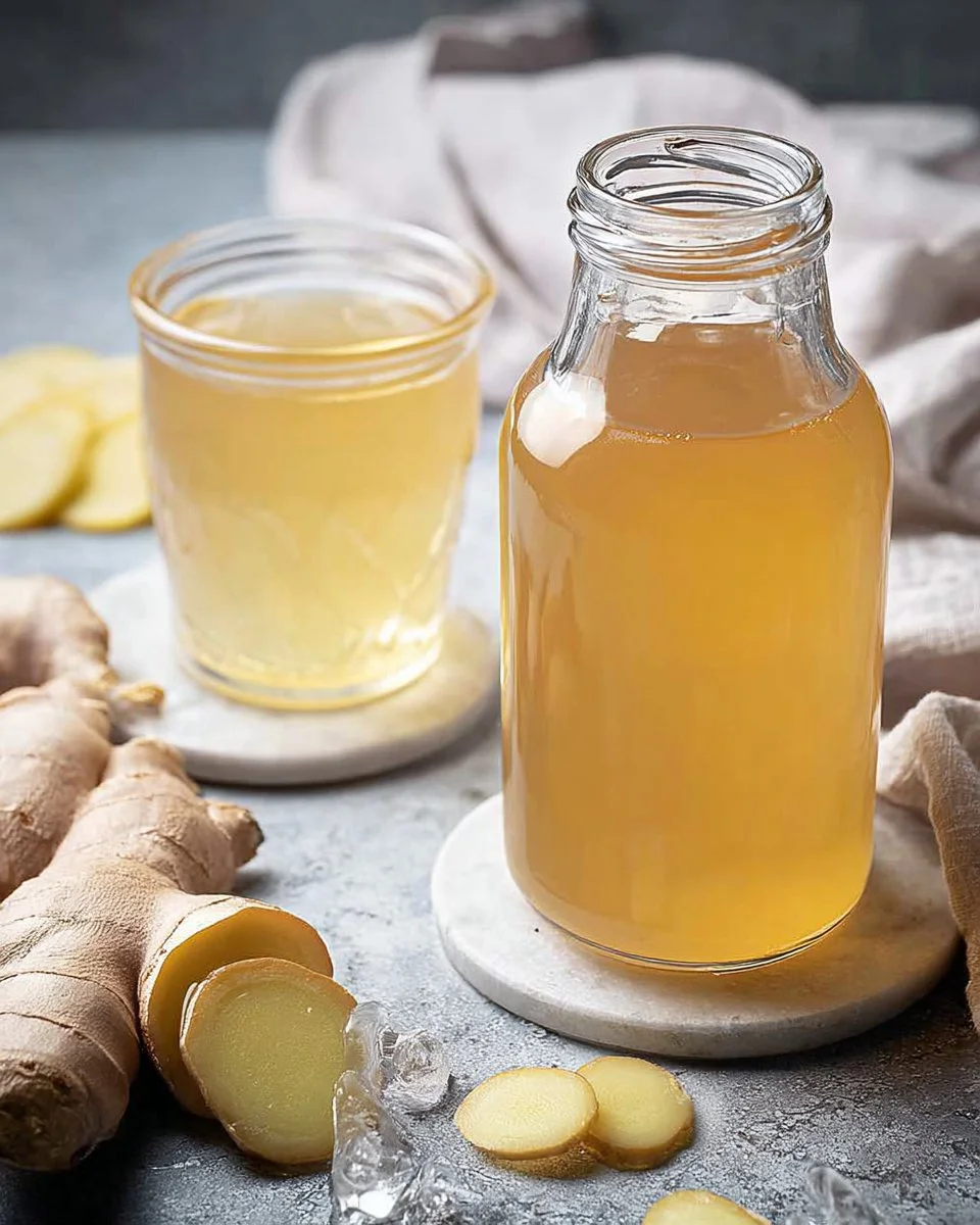 Homemade ginger simple syrup in a glass jar with fresh ginger roots