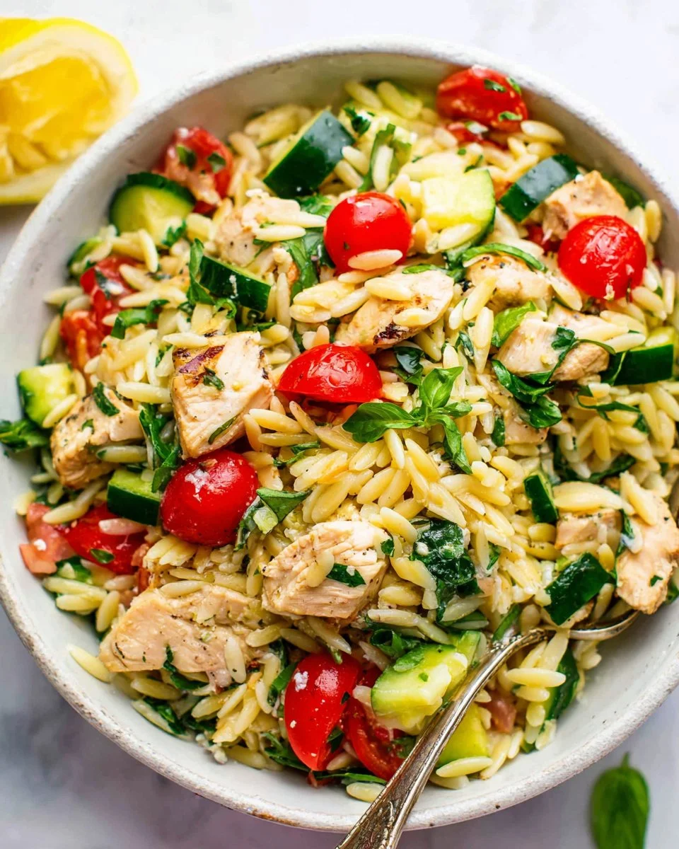Plate of Greek Lemon Chicken with Orzo and herbs