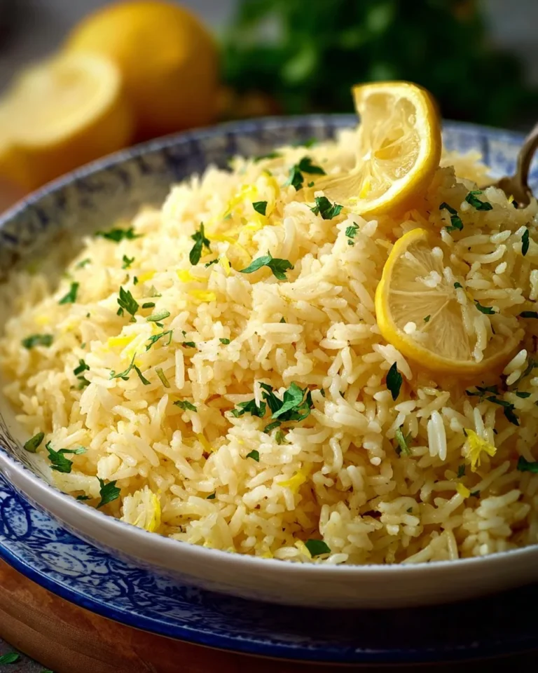 Bowl of Greek Lemon Rice garnished with lemon slices and herbs