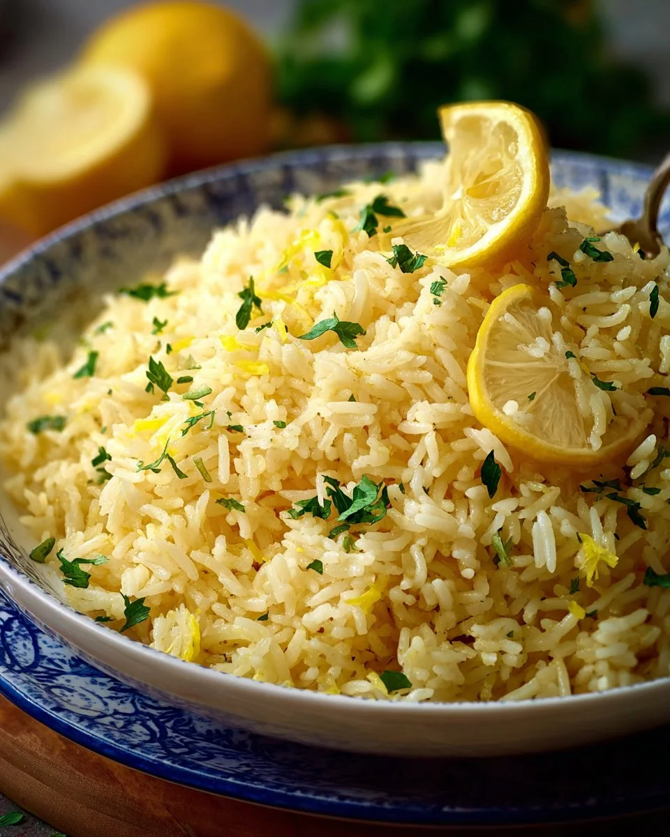 Bowl of Greek Lemon Rice garnished with lemon slices and herbs