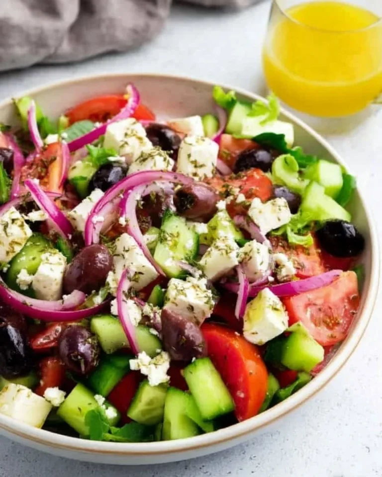 Fresh Greek Salad with tomatoes, cucumbers, olives, onions, and feta cheese