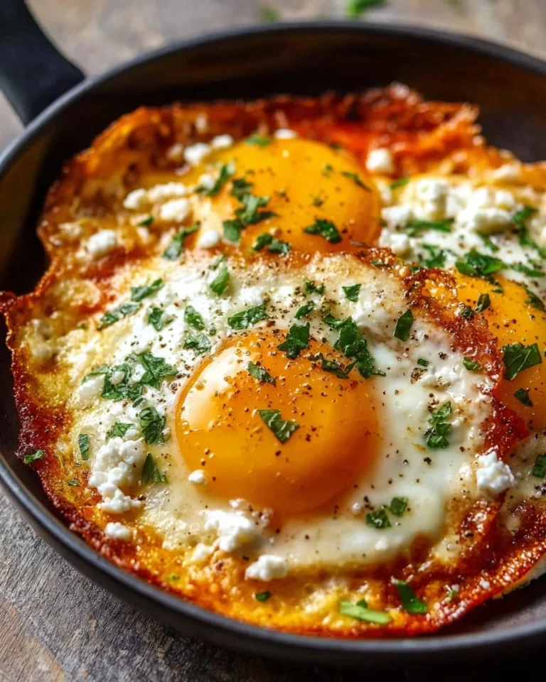 Greek-style feta eggs served in a skillet with herbs and spices