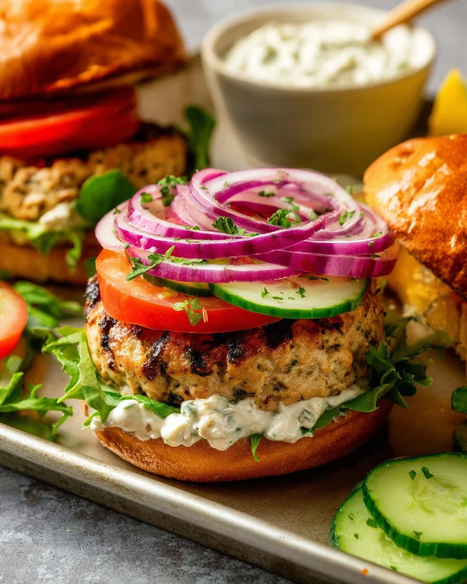 Delicious Greek Turkey Burger topped with feta and fresh herbs