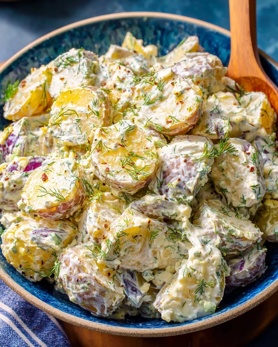 Creamy Greek yogurt potato salad served in a bowl with fresh herbs