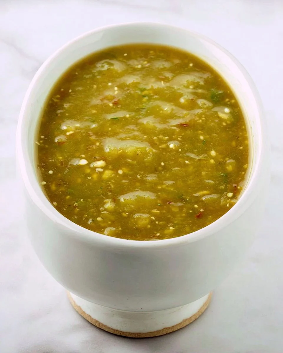 Homemade Green Enchilada Sauce in a bowl with fresh ingredients