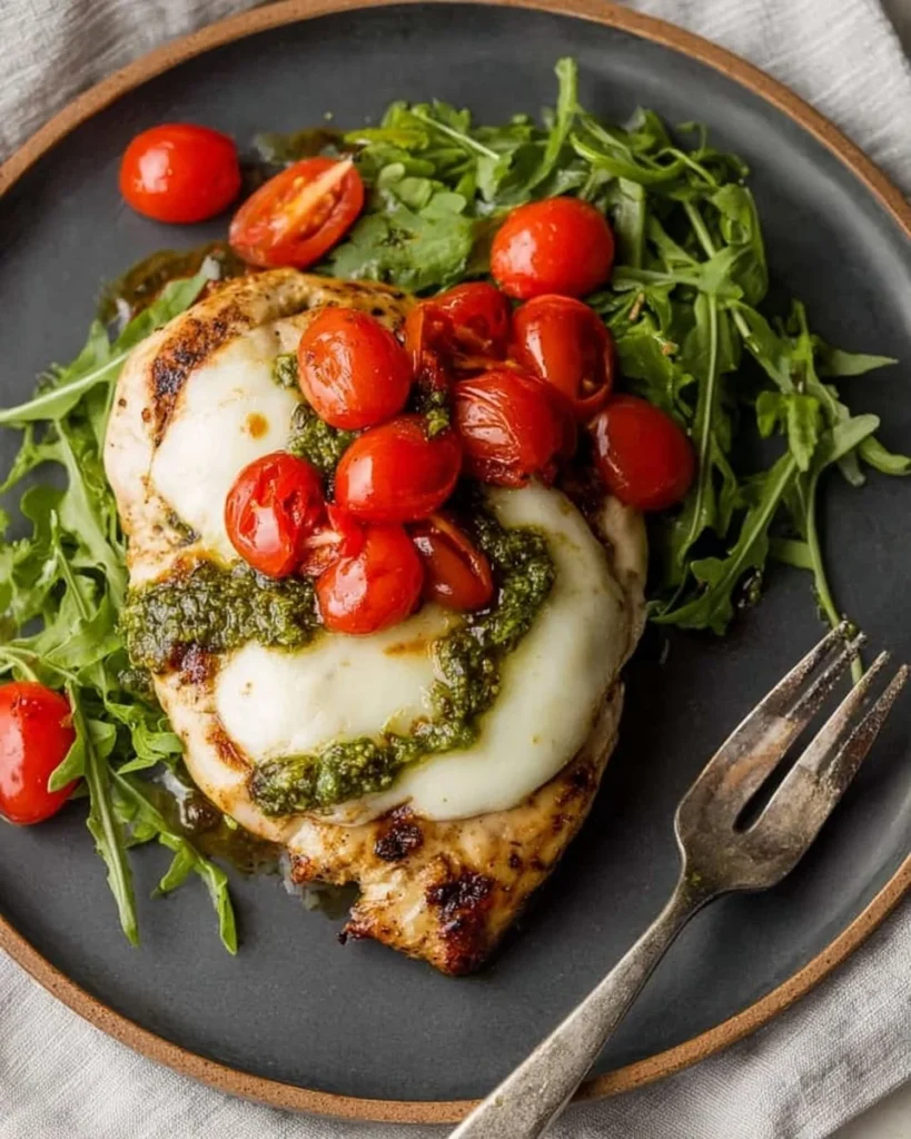Delicious grilled chicken Margherita with fresh basil and tomatoes