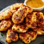 Plate of crispy grilled chicken nuggets served with dipping sauce.