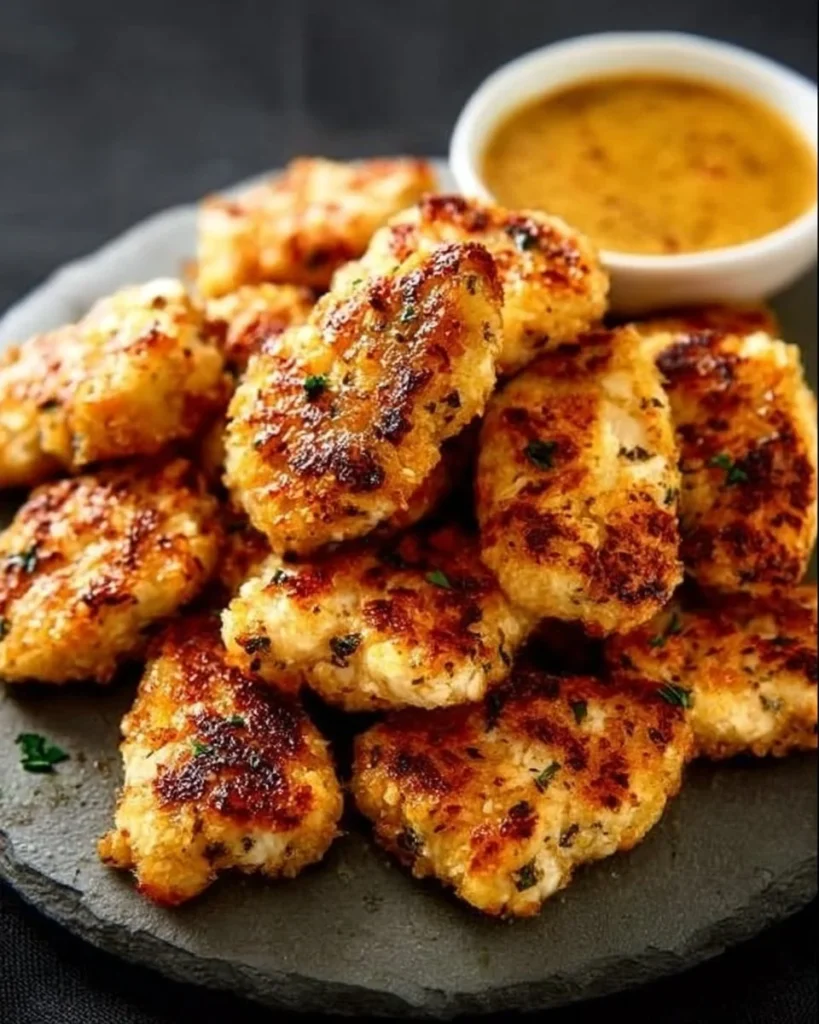 Plate of crispy grilled chicken nuggets served with dipping sauce.
