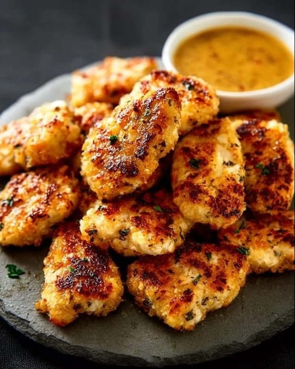 Plate of crispy grilled chicken nuggets served with dipping sauce.