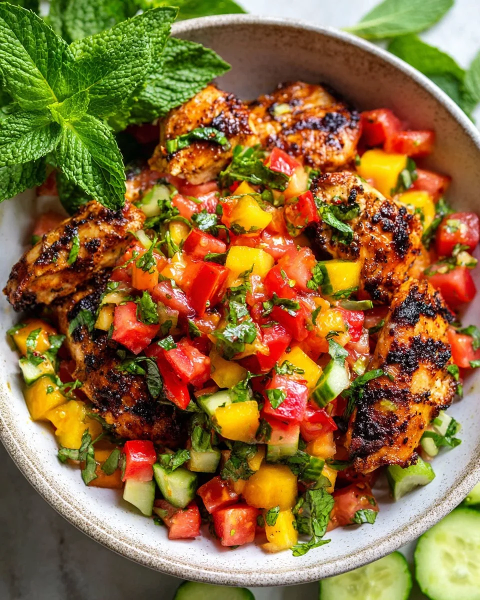 Grilled chicken with watermelon mango mint salsa on a plate.