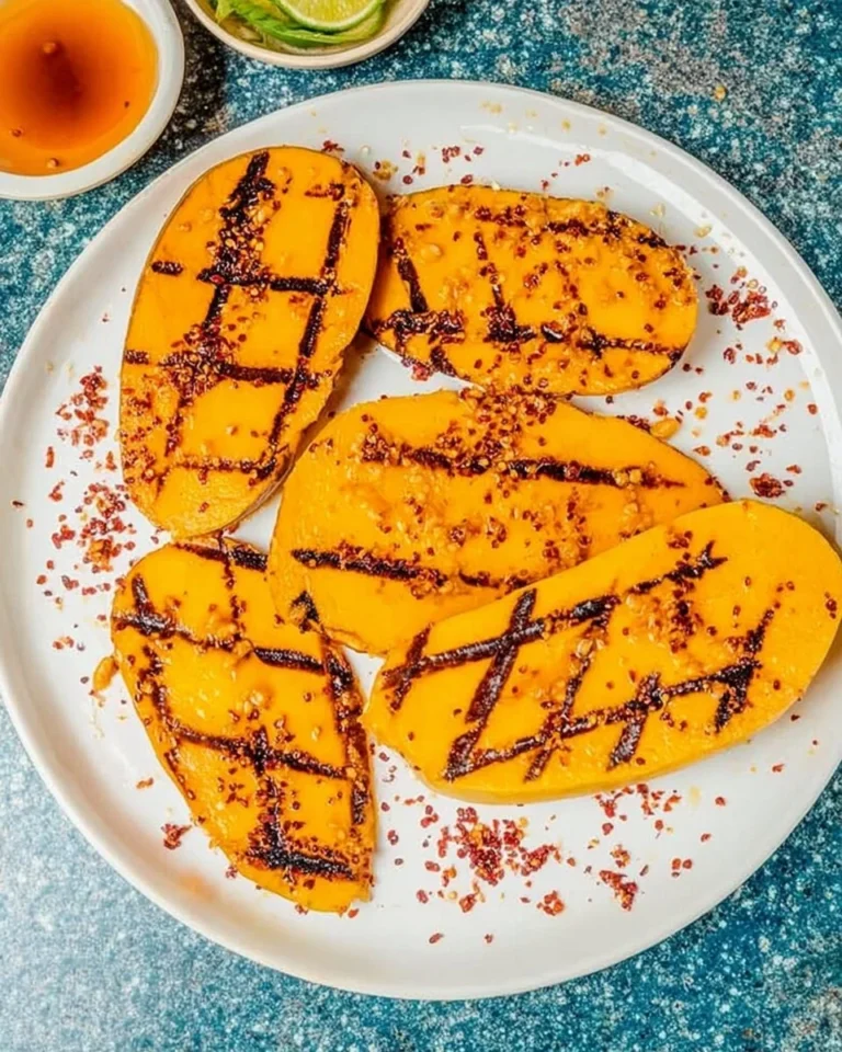 Delicious grilled mango slices served on a plate, showcasing caramelization