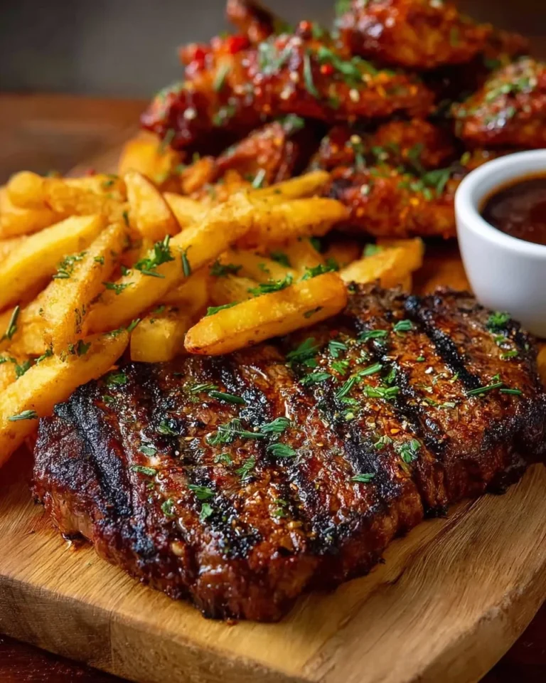 Delicious grilled steak served with crispy fries and BBQ chicken wings