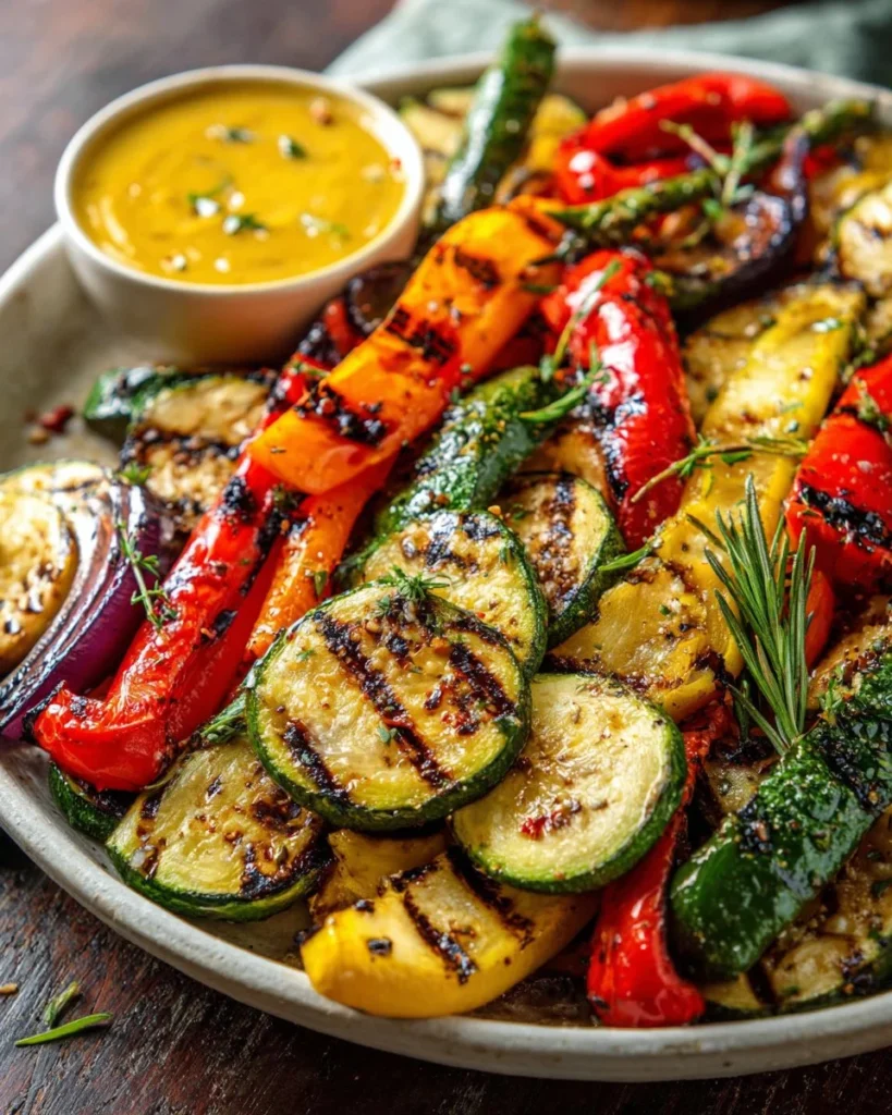 Colorful grilled vegetables served with honey mustard dipping sauce