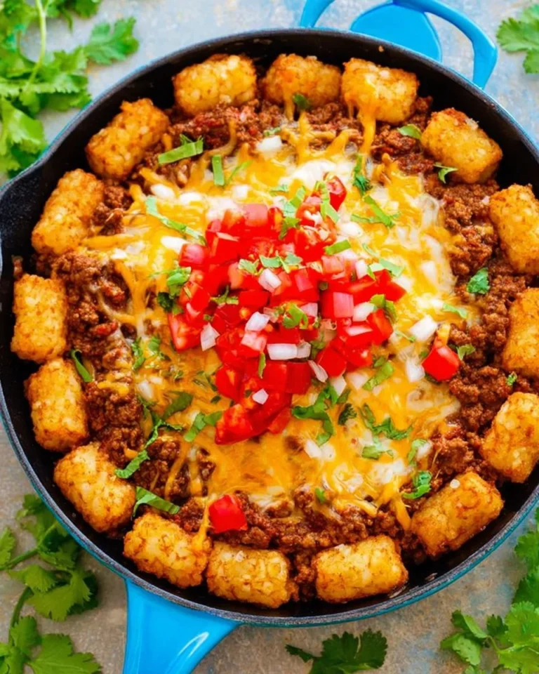 Delicious Ground Beef Totchos topped with cheese and salsa