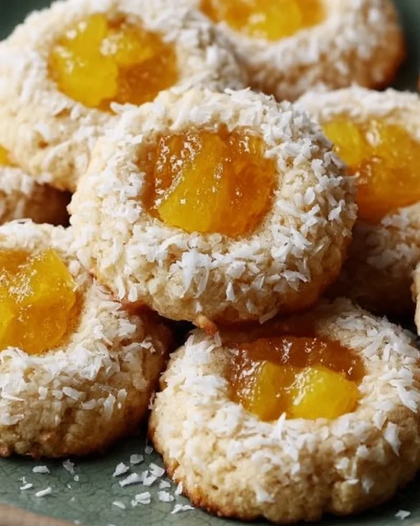Hawaiian Pineapple Coconut Thumbprint Cookies on a wooden table