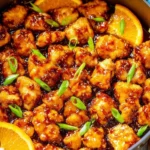 Healthy orange chicken dish served with vegetables and rice