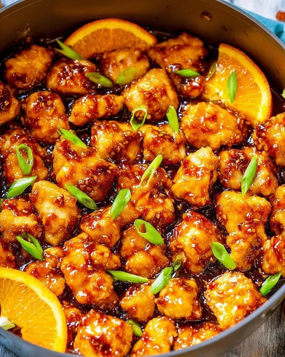 Healthy orange chicken dish served with vegetables and rice