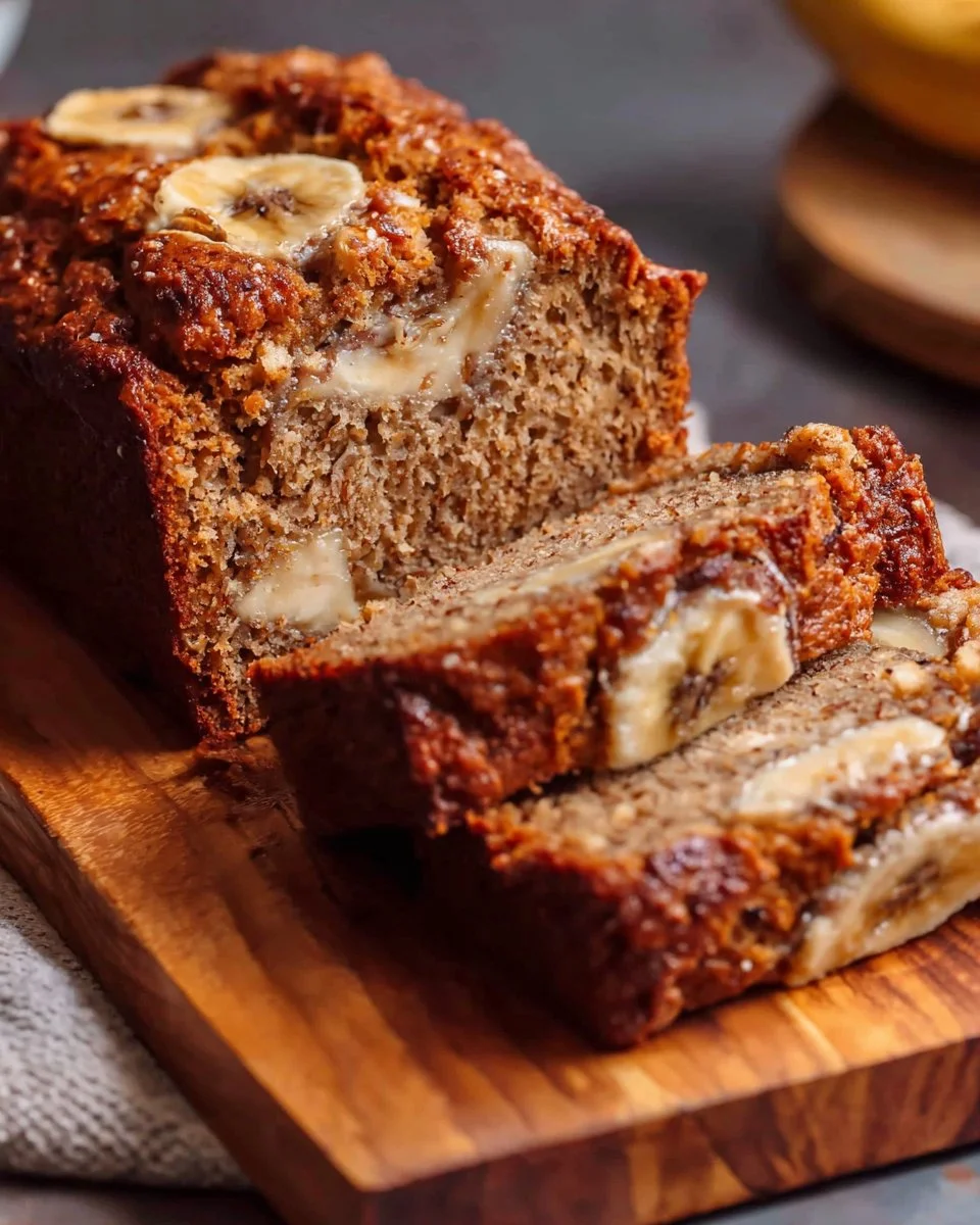 Slice of high protein banana bread on a wooden cutting board