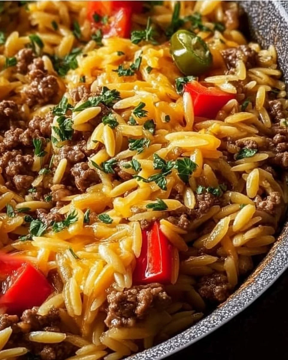 High protein cheeseburger orzo dish garnished and ready to serve