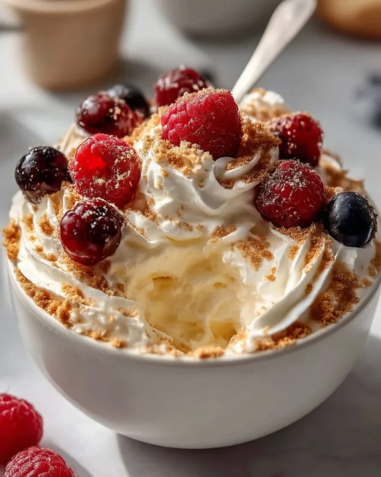 High protein cheesecake fluff dessert served in a bowl