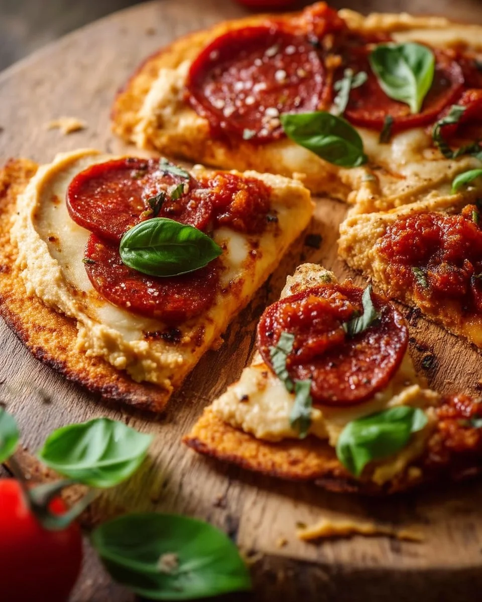 High protein pizza hummus served with pita and fresh veggies