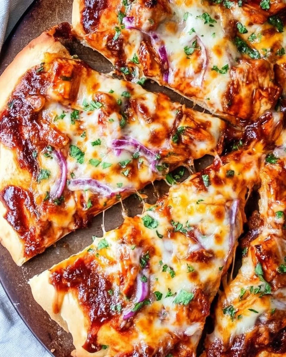 Homemade BBQ chicken pizza topped with cheese and fresh herbs