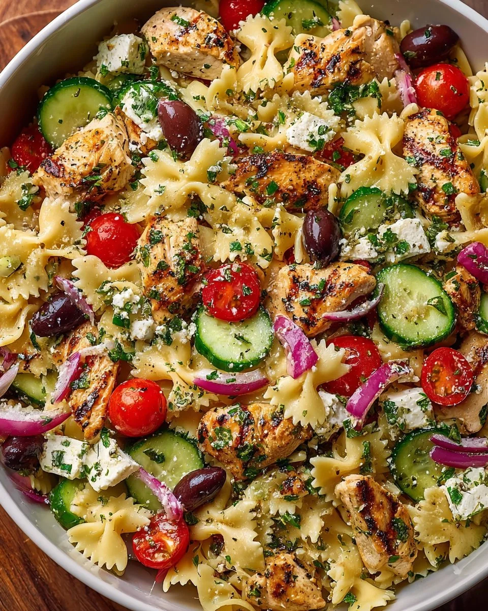 Bowl of homemade Greek chicken pasta salad with fresh vegetables and dressing