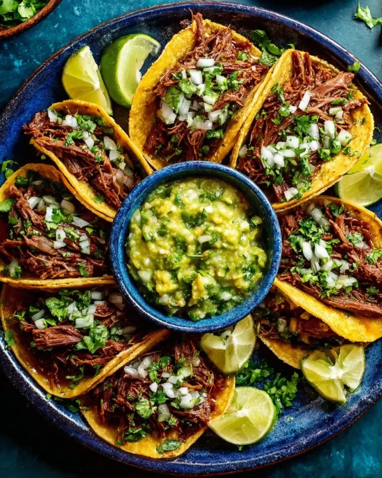 Plate of homemade tacos with shredded beef and fresh toppings