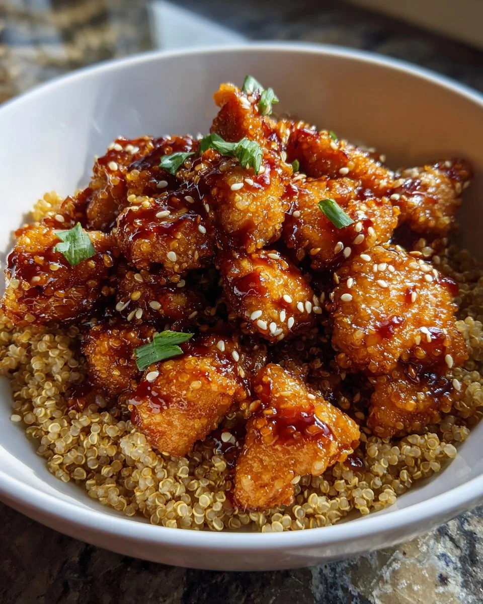 Honey Garlic Chicken served with quinoa in a healthy meal