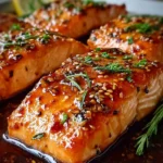 Delicious Honey Garlic Glazed Salmon on a plate garnished with herbs