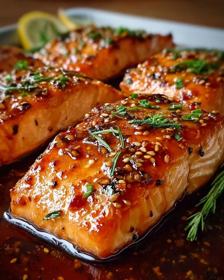 Delicious Honey Garlic Glazed Salmon on a plate garnished with herbs
