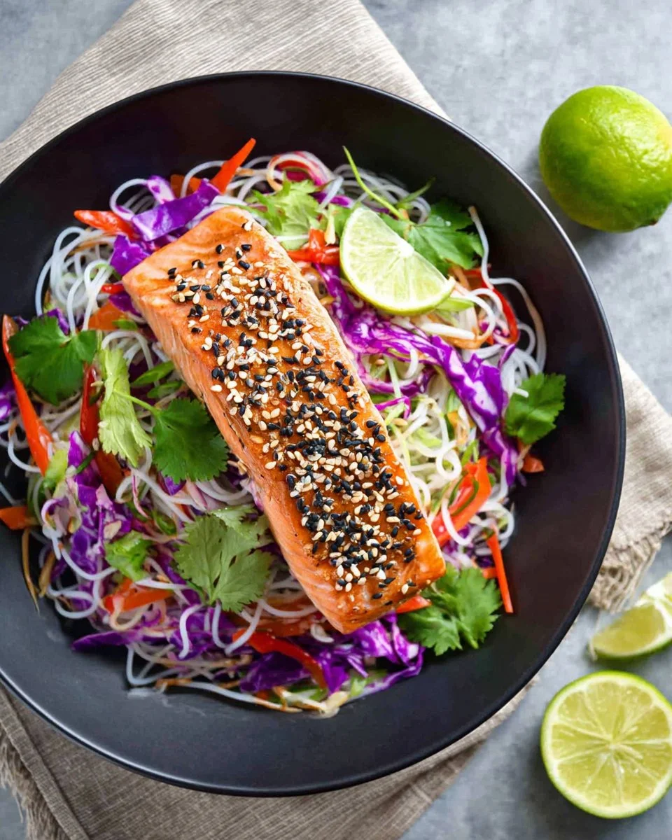 Honey lime glazed salmon served with sesame rice noodle salad
