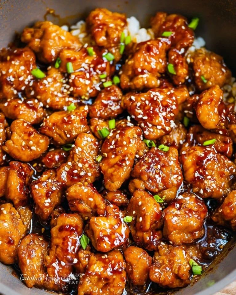 Delicious Honey Sriracha Chicken garnished with sesame seeds and green onions.