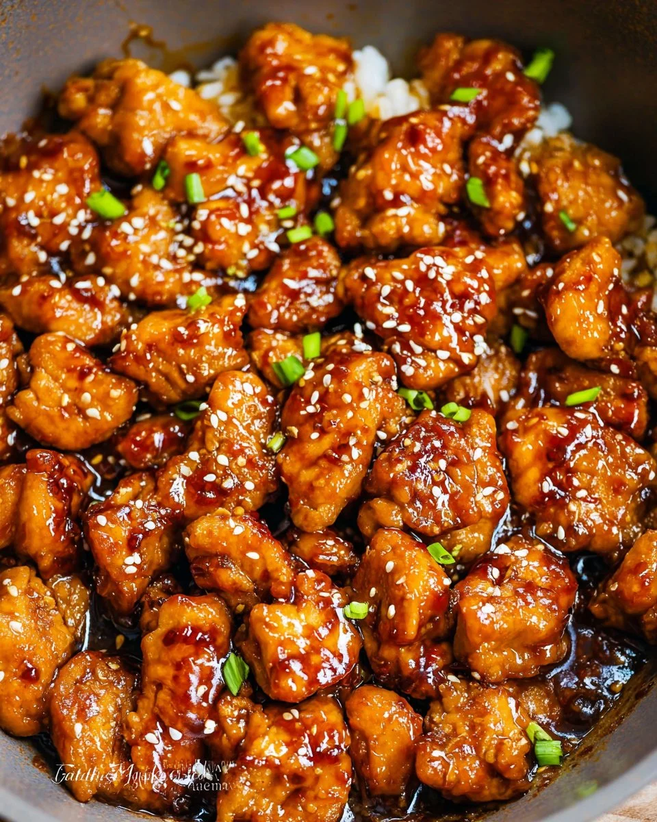 Delicious Honey Sriracha Chicken garnished with sesame seeds and green onions.