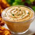 Delicious Hot Honey Ranch Sauce dip served in a bowl with fresh vegetables and chips.