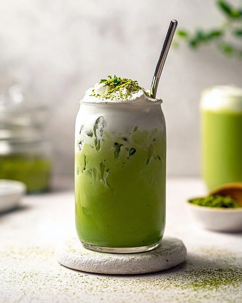 Refreshing iced matcha latte made with green tea, milk, and ice