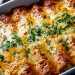 Plate of Ina Garten's homemade chicken enchiladas topped with cheese and sauce