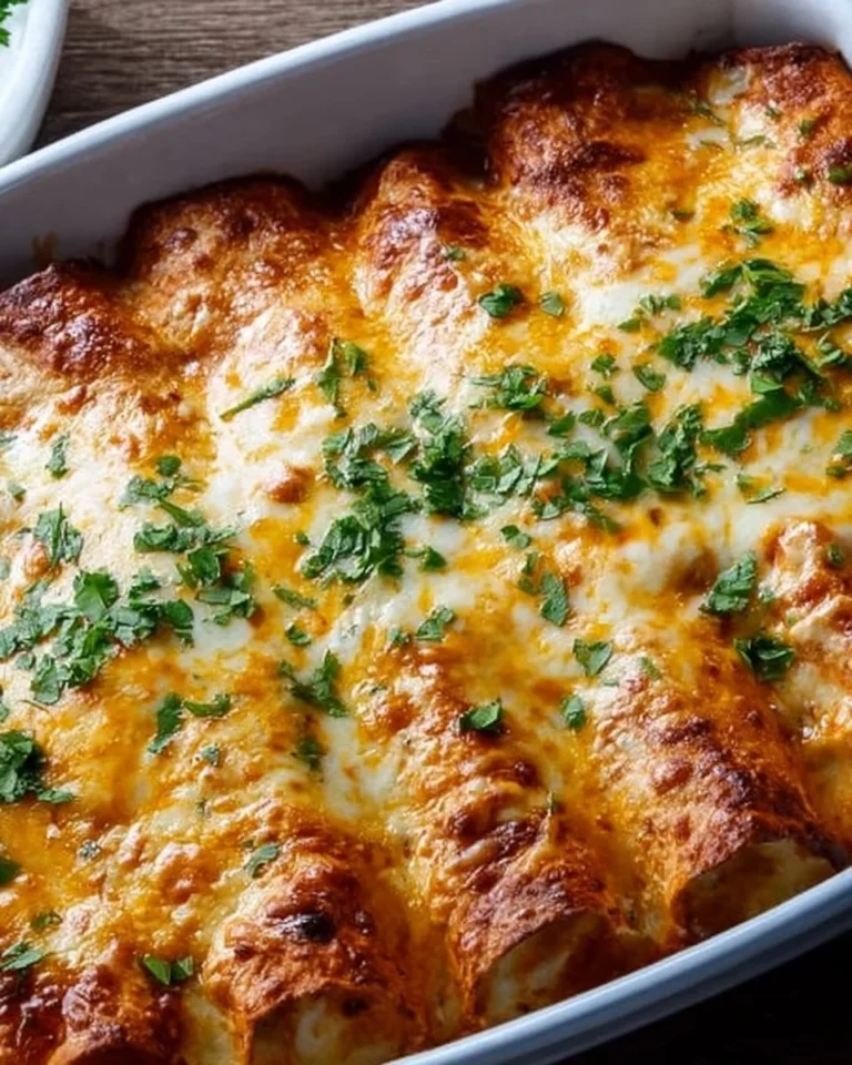 Plate of Ina Garten's homemade chicken enchiladas topped with cheese and sauce