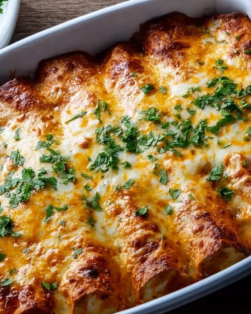 Plate of Ina Garten's homemade chicken enchiladas topped with cheese and sauce
