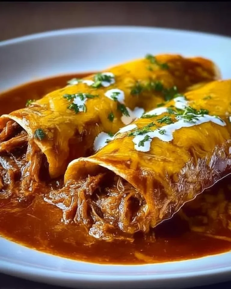 Delicious shredded beef enchiladas topped with cheese and sauce