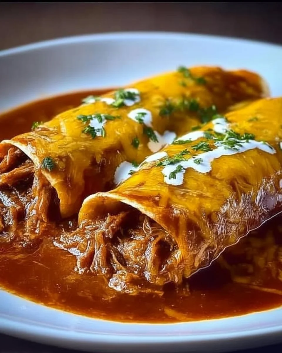 Delicious shredded beef enchiladas topped with cheese and sauce