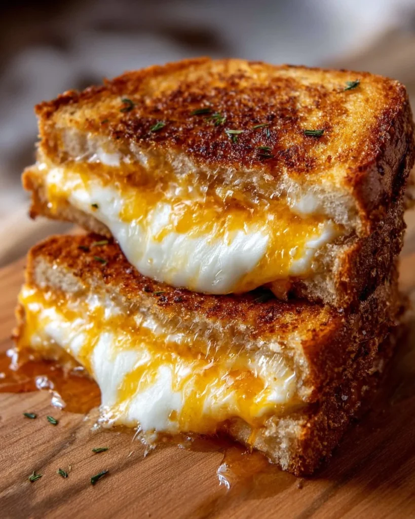 Irresistibly Melty Hot Honey Grilled Cheese sandwich topped with honey drizzle