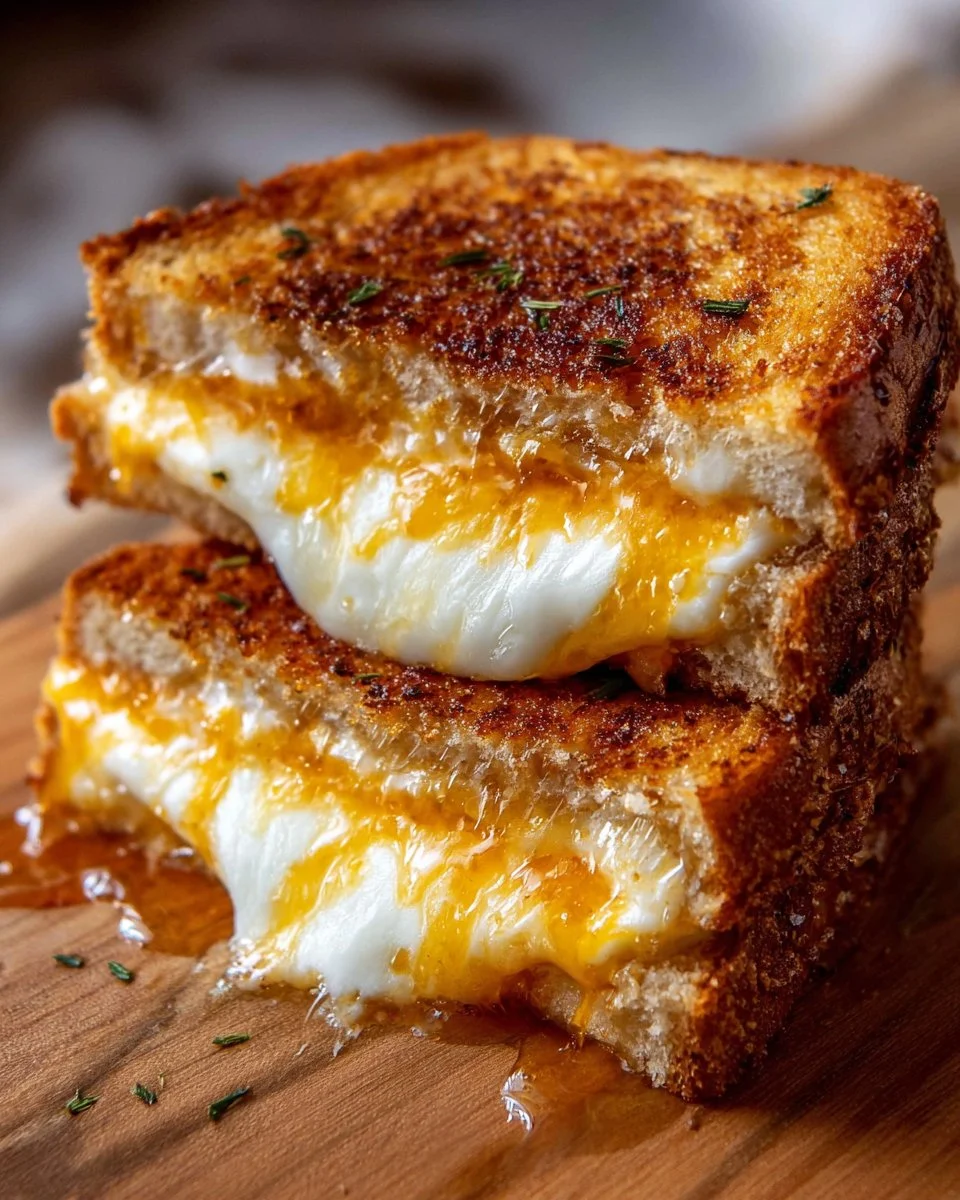 Irresistibly Melty Hot Honey Grilled Cheese sandwich topped with honey drizzle