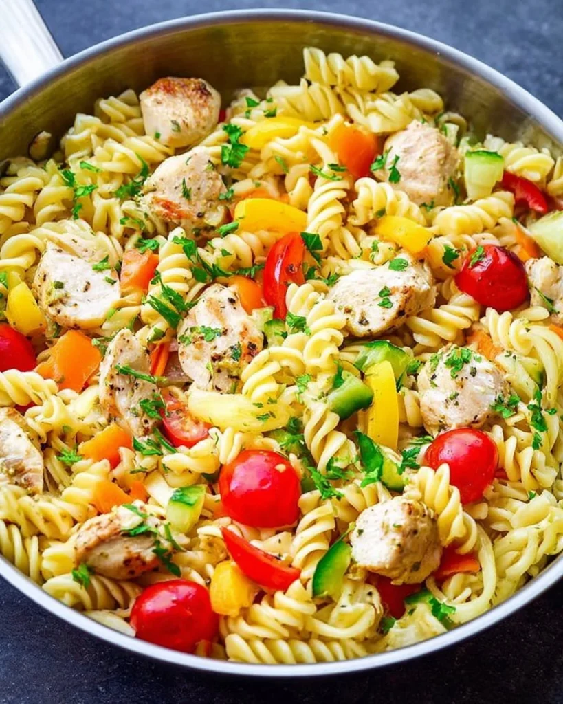 A colorful bowl of Italian Chicken Pasta Salad with veggies and dressing