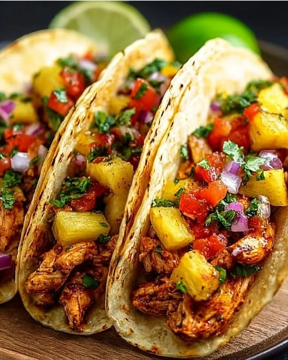 Delicious juicy pineapple chicken tacos topped with fresh ingredients.