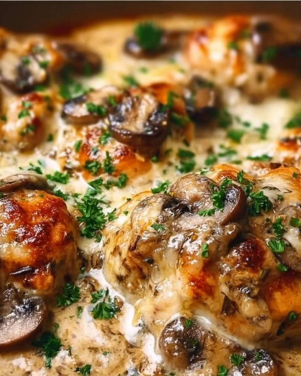 Keto Garlic Mushroom Chicken Casserole dish on a table