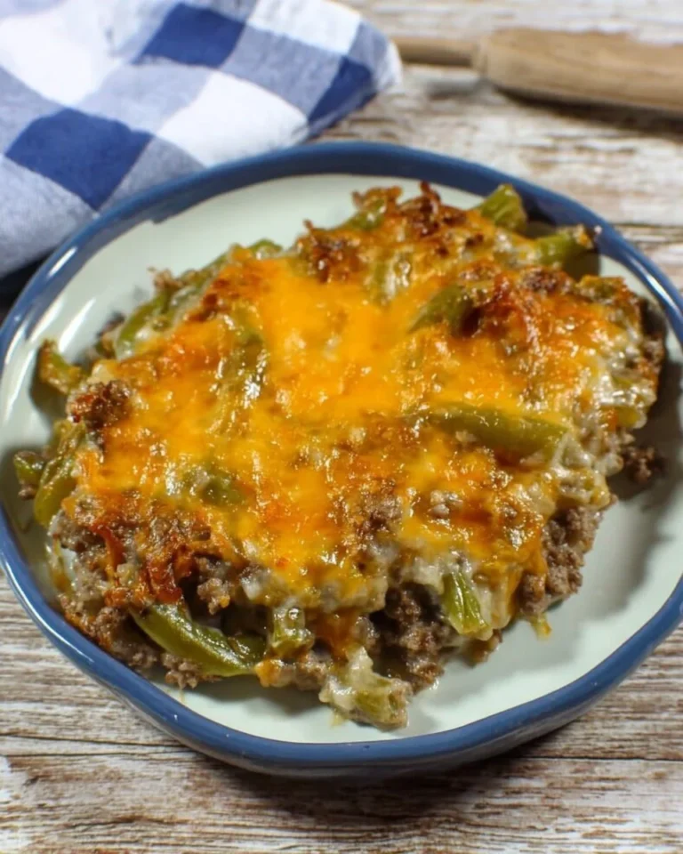 Delicious Keto Hamburger Casserole with green beans on a plate