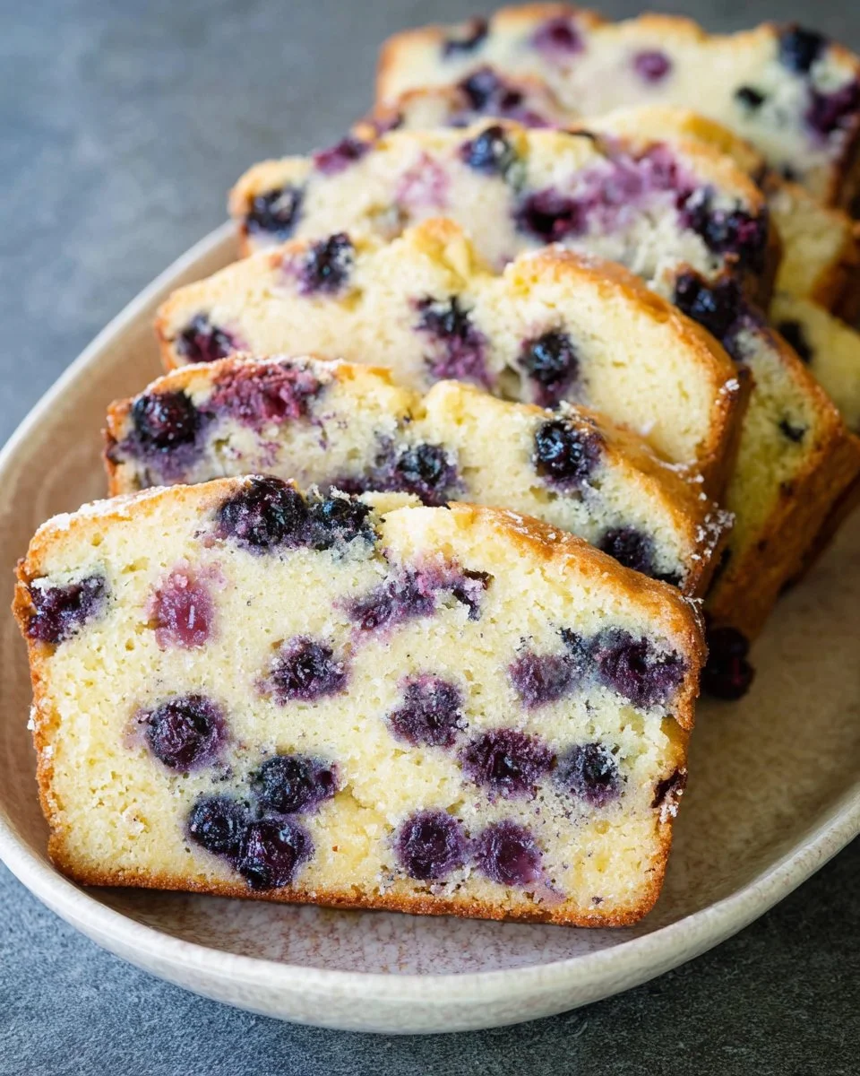 Slice of moist Lemon Blueberry Bread with fresh blueberries and lemon zest